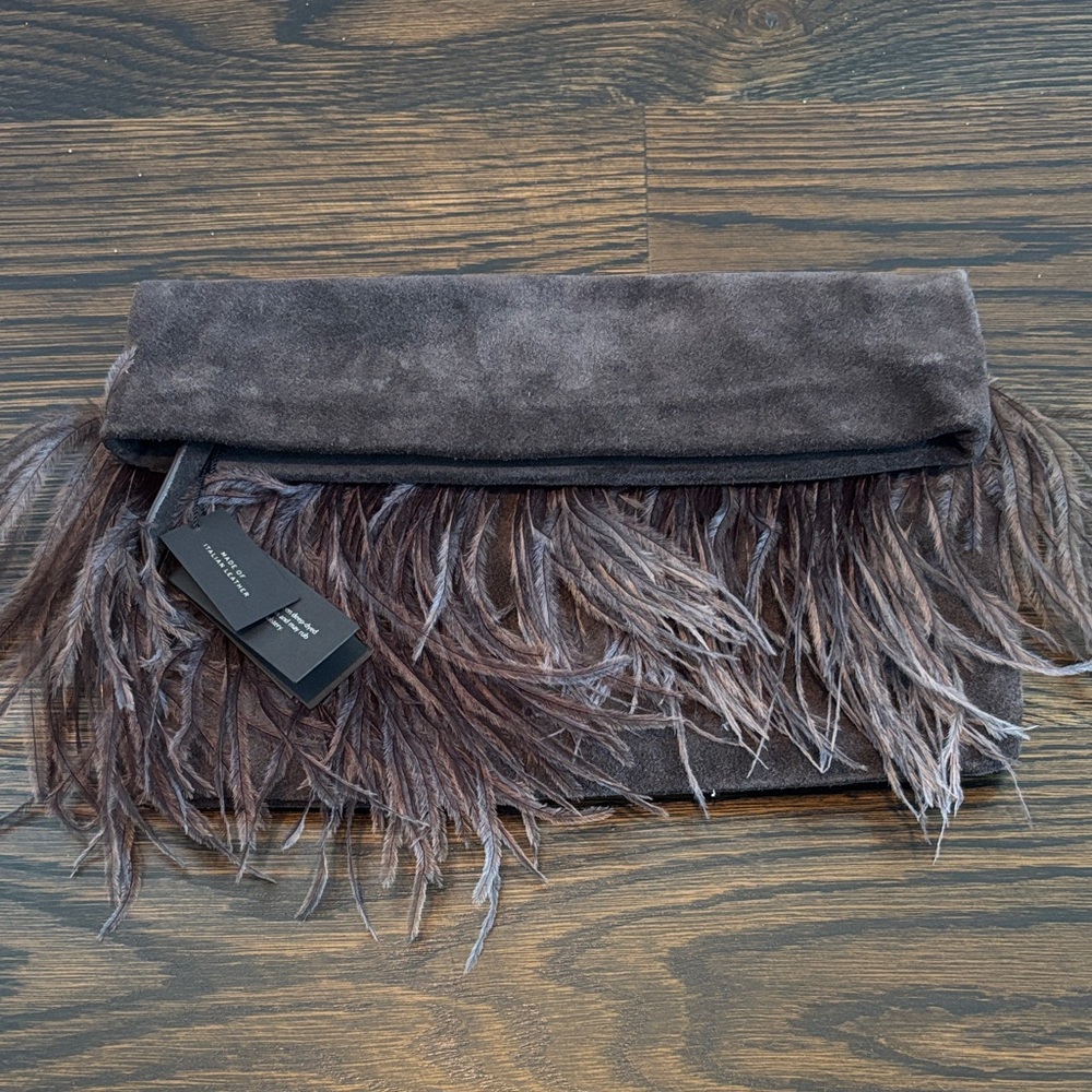 Banana Republic Brown Suede Clutch with feathers.